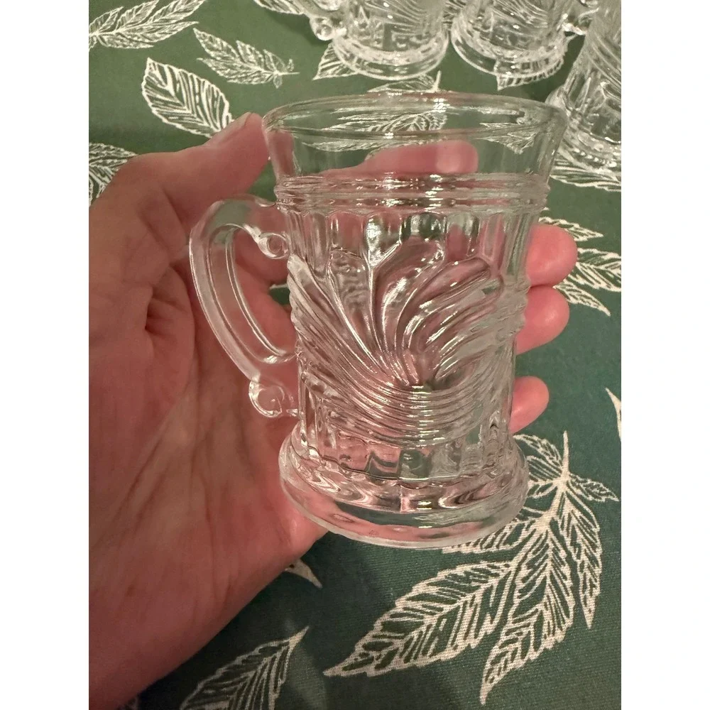 Vintage Clear Pressed Glass Shot Mugs Set of 4 Scroll Leaf Pattern Mini Tankards